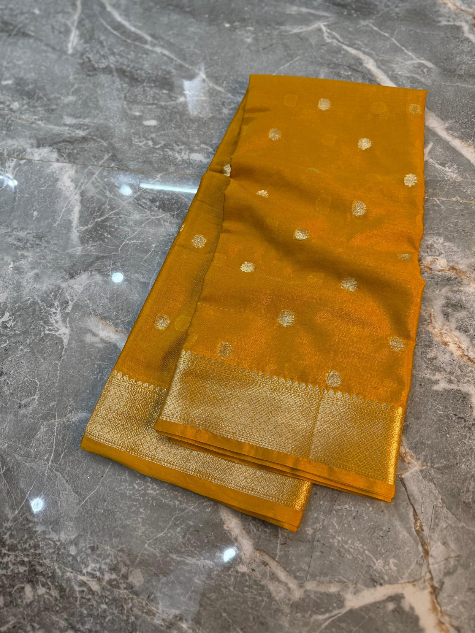 Vibrant Mustard Yellow Banarasi Silk Saree with Gold Zari Buta