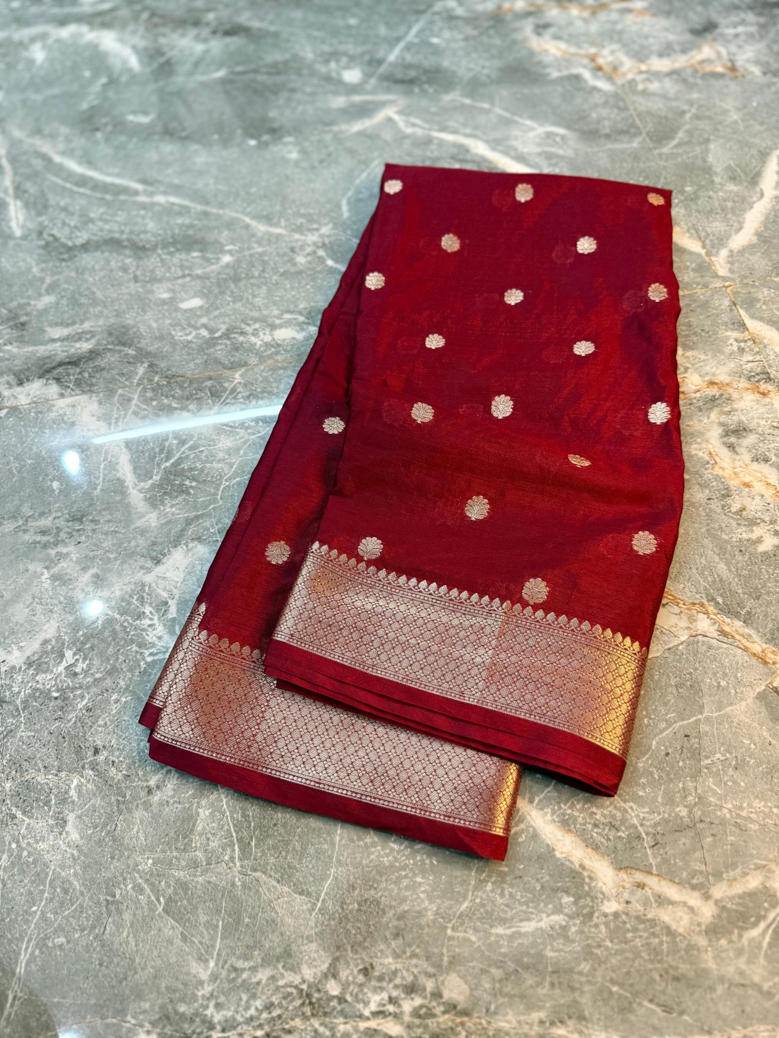 Royal Maroon Banarasi Silk Saree with Gold Zari Buta view 1