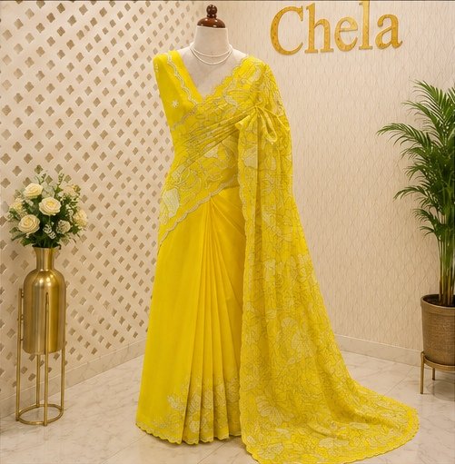 Sunshine Yellow Floral Embroidered Designer Saree