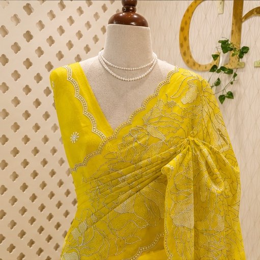 Sunshine Yellow Floral Embroidered Designer Saree view 3