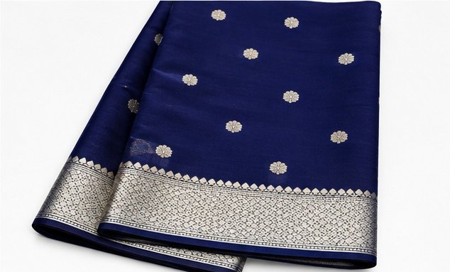Regal Navy Blue Banarasi Silk Saree with Silver Zari Buta view 2