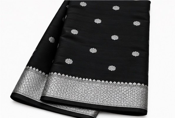 Classic Black Banarasi Silk Saree with Silver Zari Buta view 5