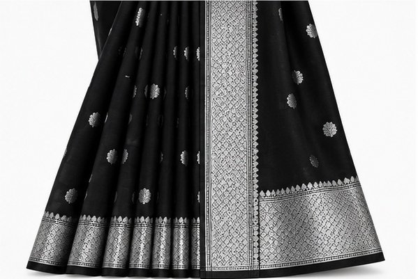 Classic Black Banarasi Silk Saree with Silver Zari Buta view 6