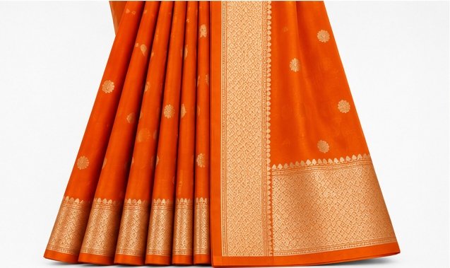 Bright Tangerine Orange Banarasi Silk Saree with Gold Zari Buta view 5