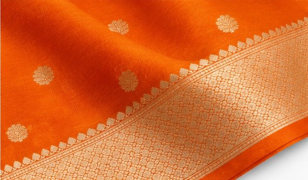 Bright Tangerine Orange Banarasi Silk Saree with Gold Zari Buta view 6