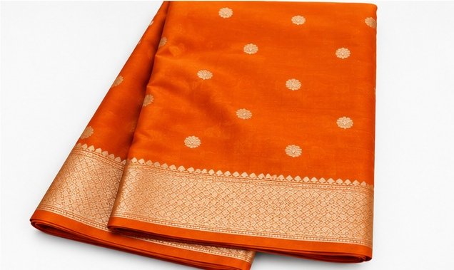 Bright Tangerine Orange Banarasi Silk Saree with Gold Zari Buta view 7