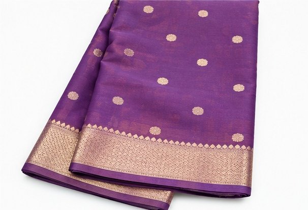 Royal Lavender Banarasi Silk Saree with Gold Zari Buta view 7