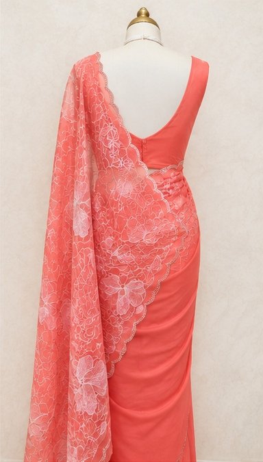 Peach Coral Floral Embroidered Designer Saree view 7