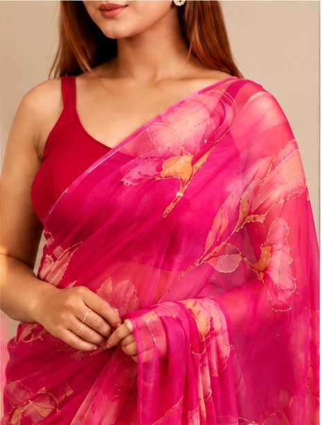 Fuchsia Pink Handpainted Floral Organza Saree view 4