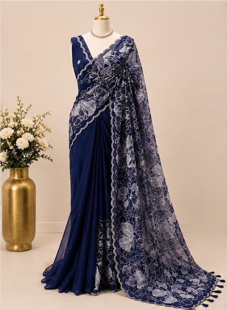 Midnight Navy Blue Floral Embroidered Designer Saree