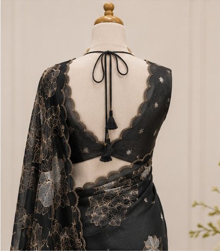 Black Floral Embroidered Designer Saree view 5