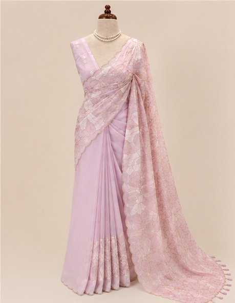 Pastel Lavender Pink Floral Embroidered Designer Saree view 2