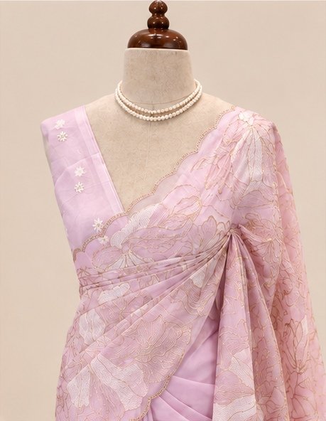 Pastel Lavender Pink Floral Embroidered Designer Saree view 6