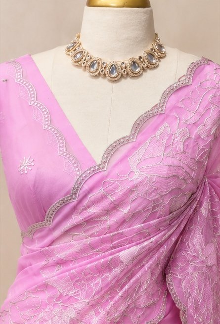 Lavender Pink Floral Embroidered Designer Saree view 7