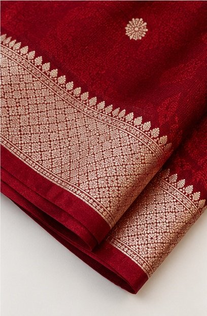Royal Maroon Banarasi Silk Saree with Gold Zari Buta view 6