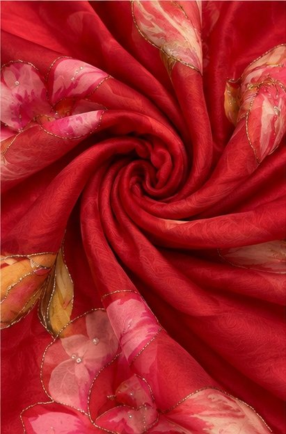 Crimson Red Organza Silk Saree with Handpainted Floral Motifs view 6