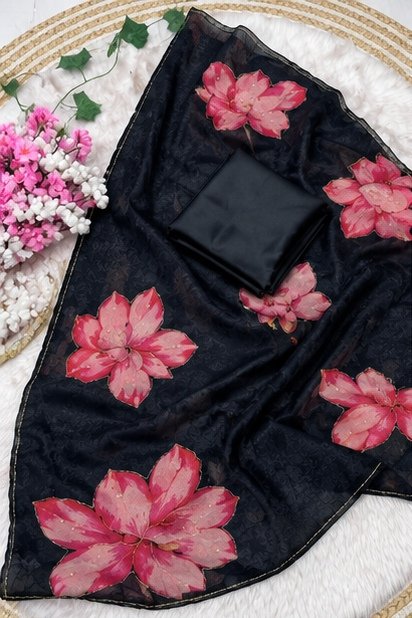 Classic Black Organza Silk Saree with Handpainted Floral Motif view 2