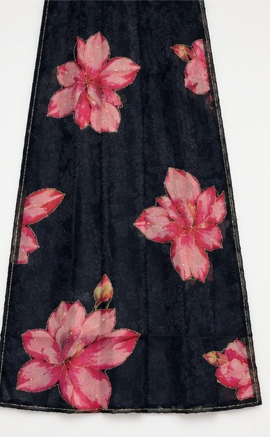 Classic Black Organza Silk Saree with Handpainted Floral Motif view 7