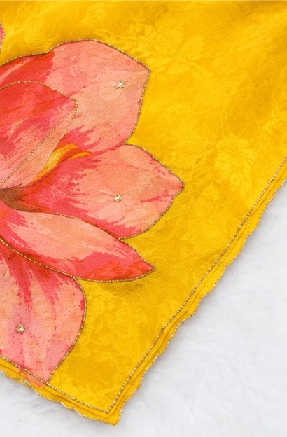 Bright Yellow Organza Silk Saree with Handpainted Floral Motif view 5
