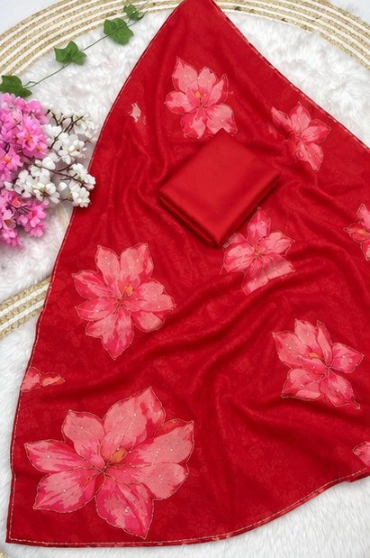 Red Organza Saree with Pink Floral Work view 2