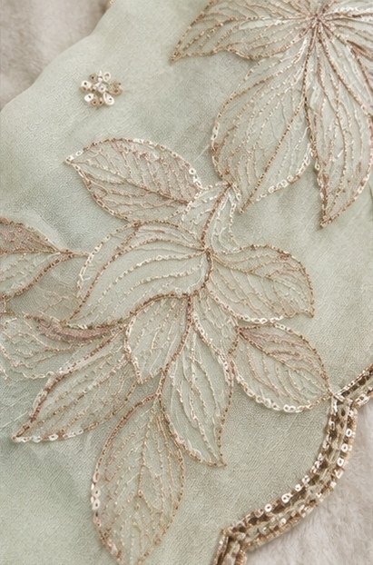 Pastel Pistachio Green Floral Embroidered Designer Saree view 3
