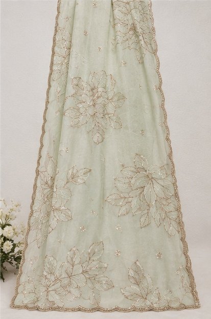 Pastel Pistachio Green Floral Embroidered Designer Saree view 7
