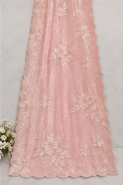 Blush Pink Floral Embroidered Designer Saree view 6