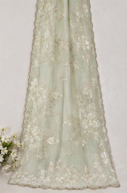 Pastel Mint Green Floral Embroidered Designer Saree view 6