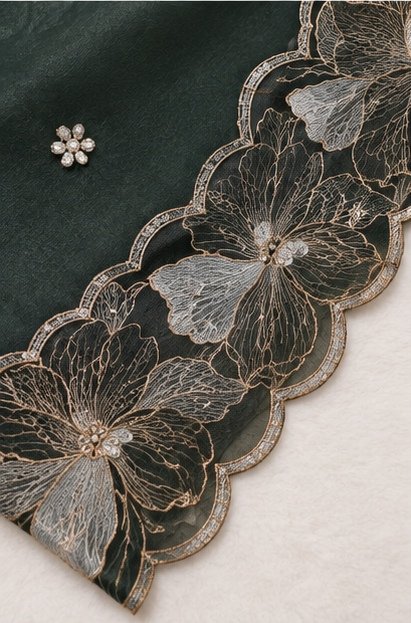 Deep Green Floral Embroidered Designer Saree view 5