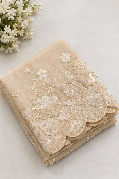 Ivory Cream Floral Embroidered Designer Saree view 4