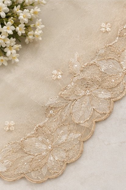 Ivory Cream Floral Embroidered Designer Saree view 5
