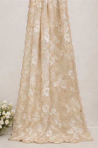 Ivory Cream Floral Embroidered Designer Saree view 7