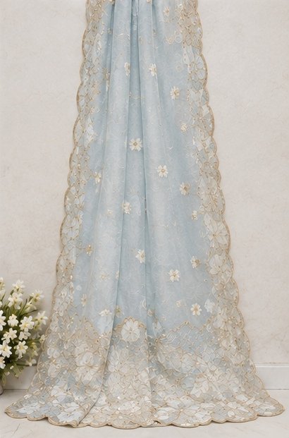 Ice Blue Floral Embroidered Designer Saree view 7