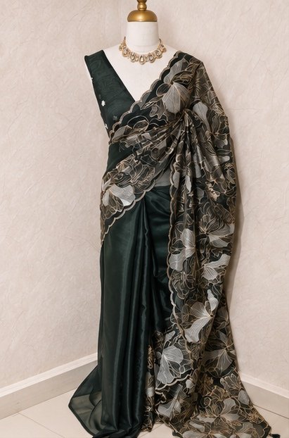 Bottle Green Floral Embroidered Designer Saree
