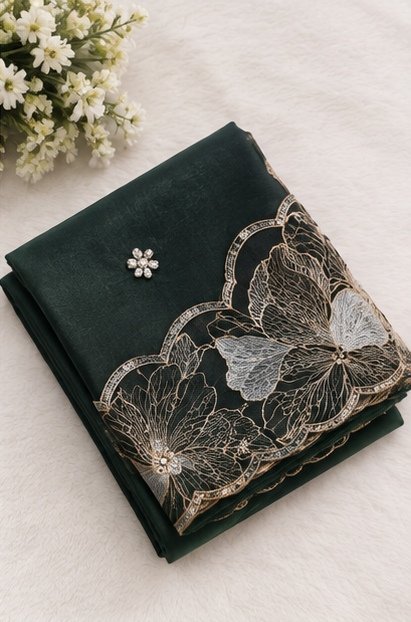 Bottle Green Floral Embroidered Designer Saree view 4