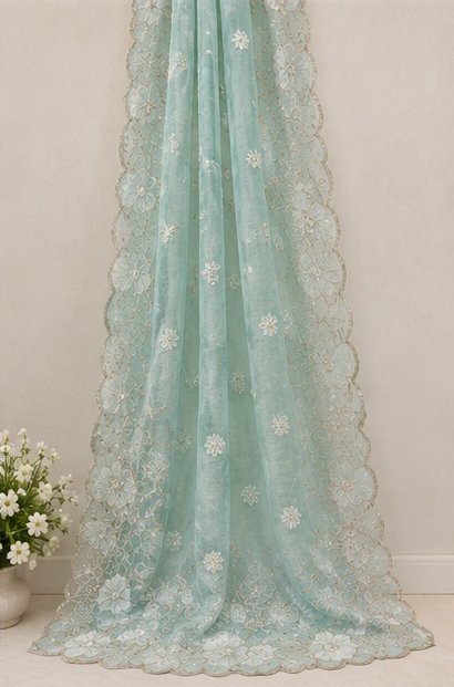 Mint Green Floral Embroidered Designer Saree view 7