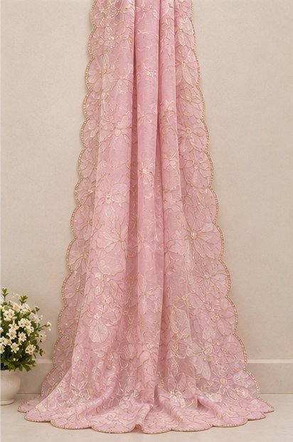 Pastel Pink Floral Embroidered Designer Saree view 7