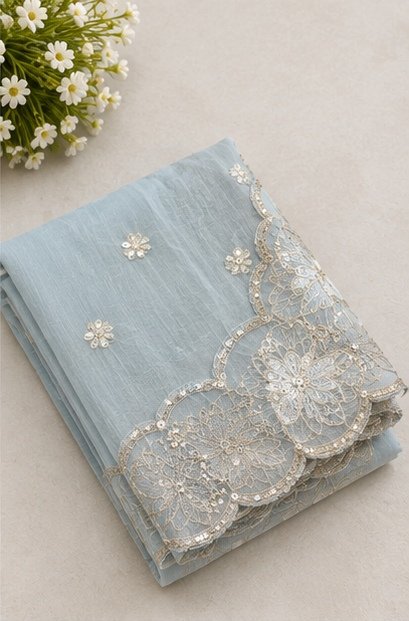 Sky Blue Floral Embroidered Designer Saree view 4