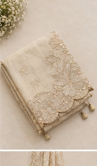 Ivory Floral Embroidered Designer Saree view 4