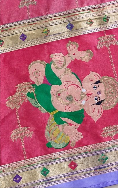 Lavender Paithani Silk Saree with Pink Ganesha Pallu view 4