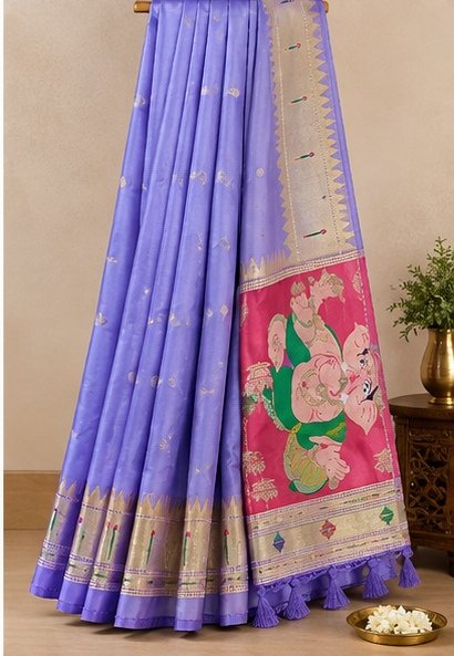 Lavender Paithani Silk Saree with Pink Ganesha Pallu