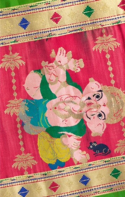 Parrot Green Paithani Silk Saree with Ganesha Pallu view 4